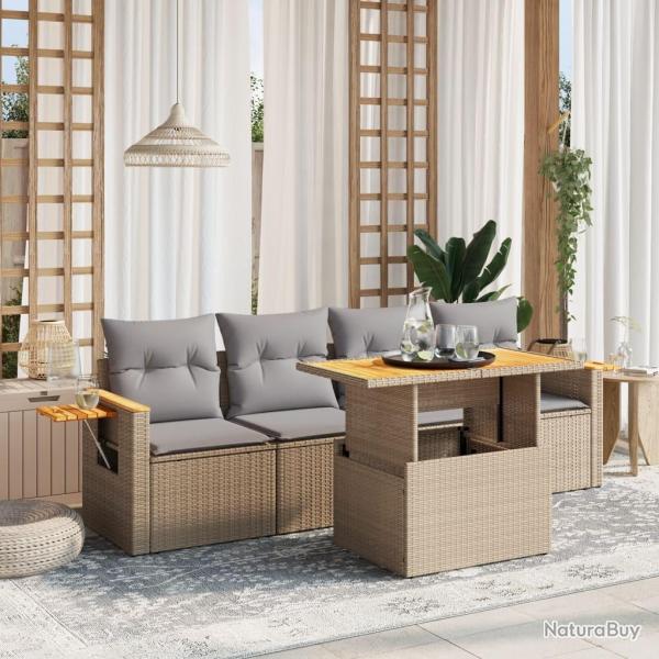 Salon de jardin avec coussins 5 pcs beige r�sine tress�e