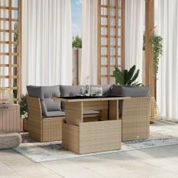 Salon de jardin avec coussins 5 pcs beige r&eacute;sine tress&eacute;e