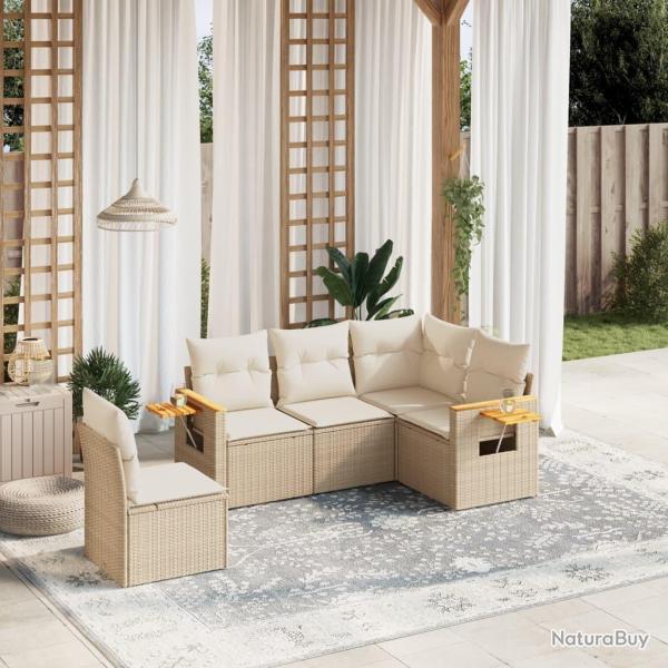Salon de jardin avec coussins 5 pcs beige r�sine tress�e
