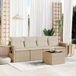 Salon de jardin avec coussins 5 pcs beige r&eacute;sine tress&eacute;e