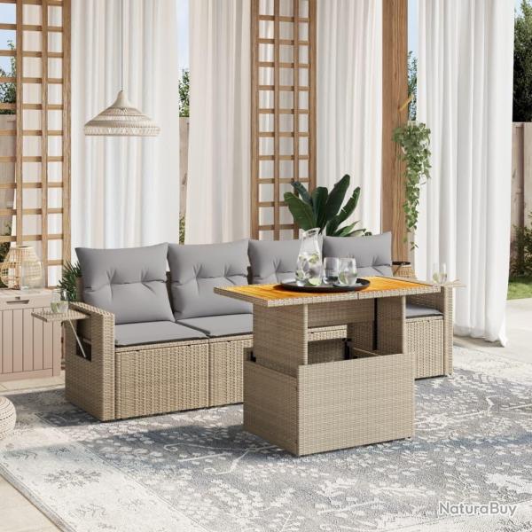 Salon de jardin avec coussins 5 pcs beige r�sine tress�e