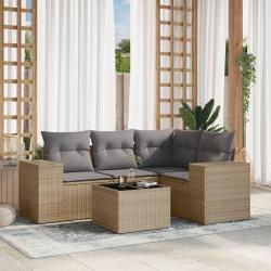Salon de jardin avec coussins 5 pcs beige r&eacute;sine tress&eacute;e