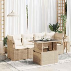 Salon de jardin avec coussins 5 pcs beige r&eacute;sine tress&eacute;e alsavelo