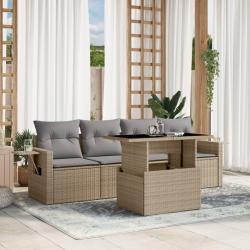 Salon de jardin avec coussins 5 pcs beige r&eacute;sine tress&eacute;e