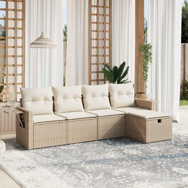 Salon de jardin avec coussins 5 pcs beige r�sine tress�e
