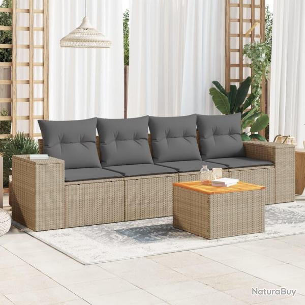 Salon de jardin avec coussins 5 pcs beige r�sine tress�e