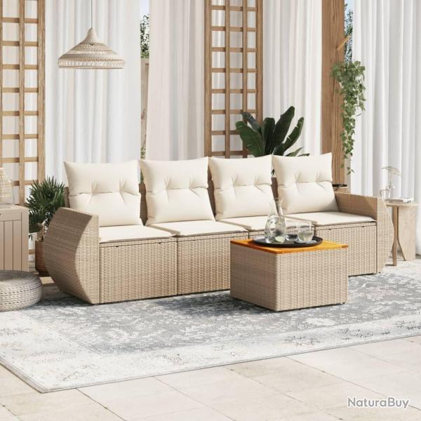 Salon de jardin avec coussins 5 pcs beige r�sine tress�e