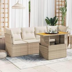 Salon de jardin avec coussins 5 pcs beige r&eacute;sine tress&eacute;e alsavelo