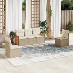 Salon de jardin avec coussins 5 pcs beige r&eacute;sine tress&eacute;e alsavelo