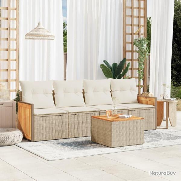 Salon de jardin avec coussins 5 pcs beige r�sine tress�e