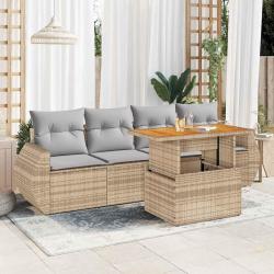 Salon de jardin avec coussins 5 pcs beige r&eacute;sine tress&eacute;e alsavelo