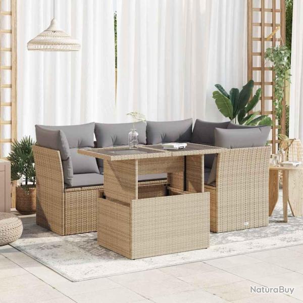 Salon de jardin avec coussins 5 pcs beige r�sine tress�e