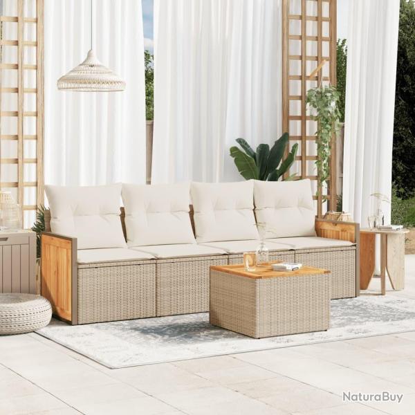 Salon de jardin avec coussins 5 pcs beige r�sine tress�e