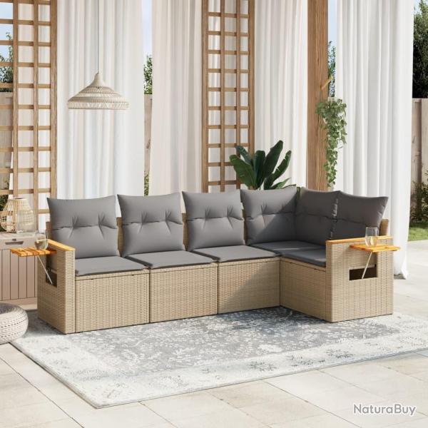 Salon de jardin avec coussins 5 pcs beige r�sine tress�e