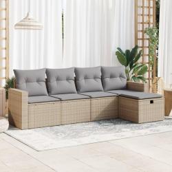 Salon de jardin avec coussins 5 pcs beige r&eacute;sine tress&eacute;e