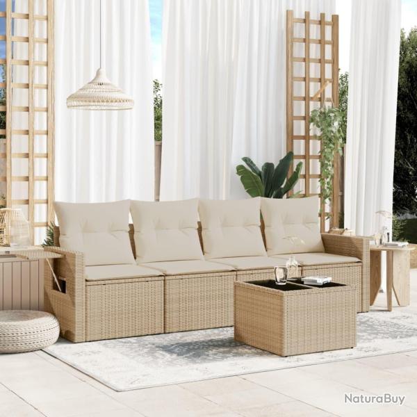 Salon de jardin avec coussins 5 pcs beige r�sine tress�e alsavelo