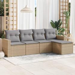 Salon de jardin avec coussins 5 pcs beige r&eacute;sine tress&eacute;e