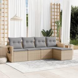 Salon de jardin avec coussins 5 pcs beige r&eacute;sine tress&eacute;e