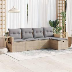 Salon de jardin avec coussins 5 pcs beige r&eacute;sine tress&eacute;e alsavelo