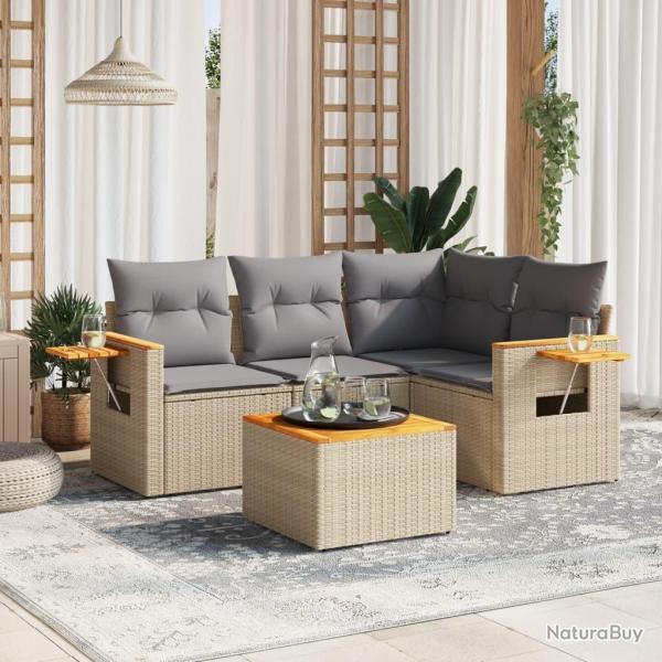 Salon de jardin avec coussins 5 pcs beige r�sine tress�e