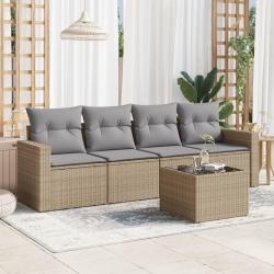 Salon de jardin avec coussins 5 pcs beige r&eacute;sine tress&eacute;e