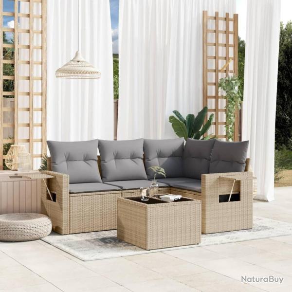 Salon de jardin avec coussins 5 pcs beige r�sine tress�e alsavelo