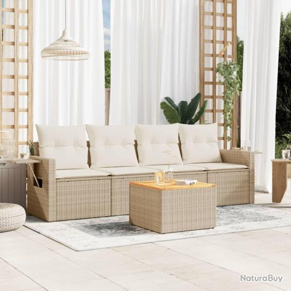 Salon de jardin avec coussins 5 pcs beige r�sine tress�e