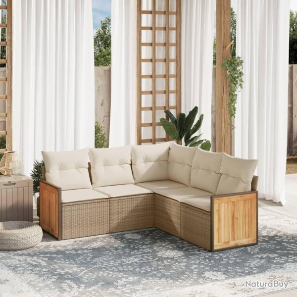 Salon de jardin avec coussins 5 pcs beige r�sine tress�e alsavelo