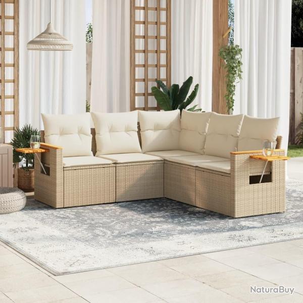 Salon de jardin avec coussins 5 pcs beige r�sine tress�e