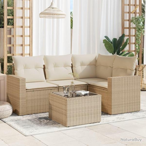 Salon de jardin avec coussins 5 pcs beige r�sine tress�e