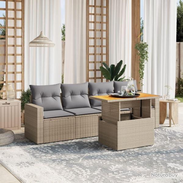 Salon de jardin avec coussins 5 pcs beige r�sine tress�e