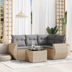 Salon de jardin avec coussins 5 pcs beige r&eacute;sine tress&eacute;e alsavelo