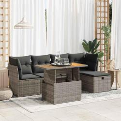 Salon de jardin avec coussins 6 pcs gris r&eacute;sine tress&eacute;e acacia