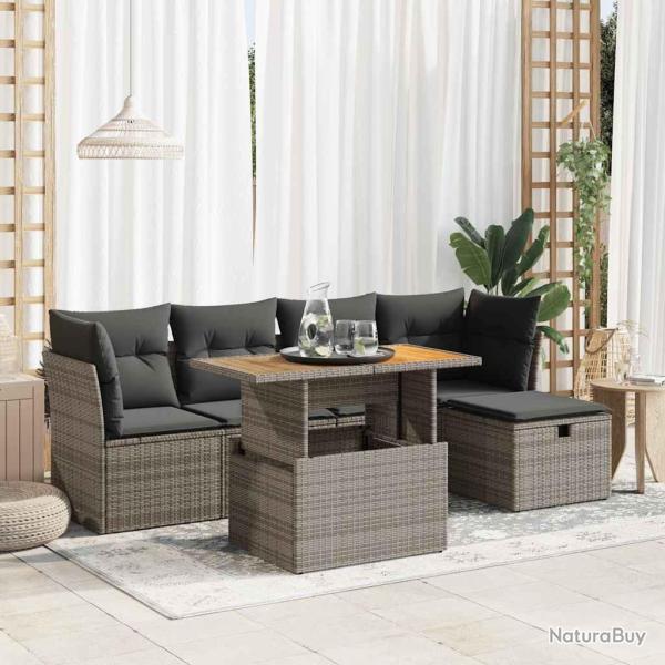 Salon de jardin avec coussins 6 pcs gris r�sine tress�e acacia alsavelo