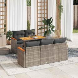 Salon de jardin avec coussins 6 pcs gris r&eacute;sine tress&eacute;e acacia
