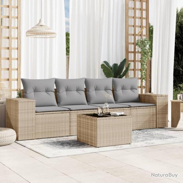 Salon de jardin avec coussins 5 pcs beige r�sine tress�e