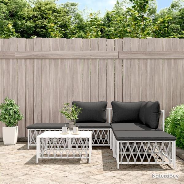 Salon de jardin avec coussins 6 pcs blanc acier