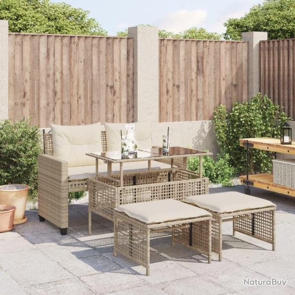 Salon de jardin avec coussins 4 pcs beige r�sine tress�e verre