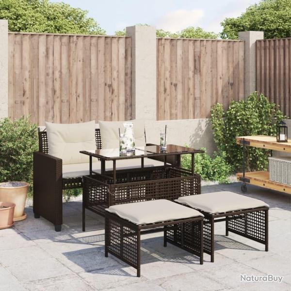 Salon de jardin avec coussins 4 pcs marron r�sine tress�e verre