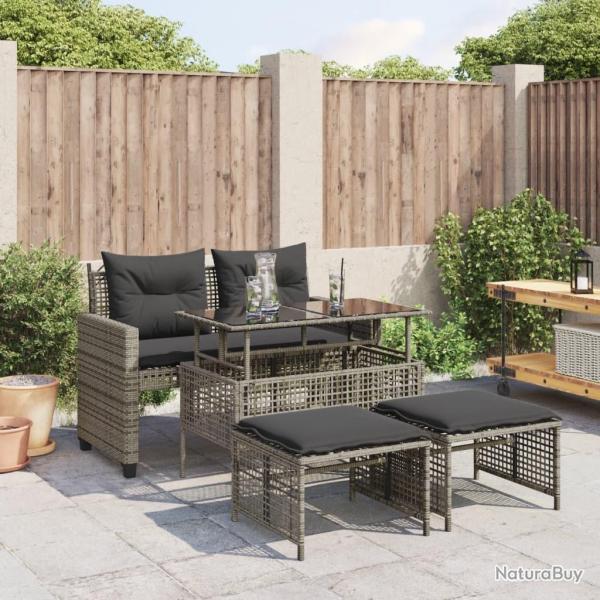 Salon de jardin avec coussins 4 pcs gris r�sine tress�e verre
