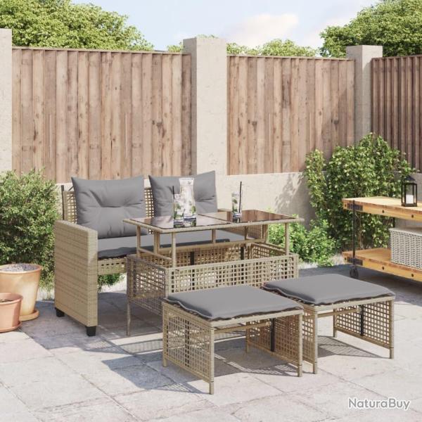 Salon de jardin avec coussins 4 pcs beige r�sine tress�e verre