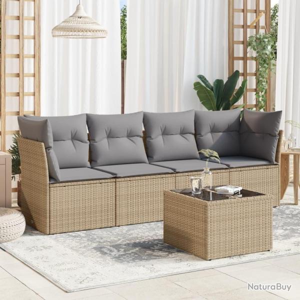Salon de jardin avec coussins 5 pcs beige r�sine tress�e
