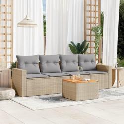 Salon de jardin avec coussins 5 pcs beige r&eacute;sine tress&eacute;e alsavelo
