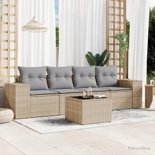 Salon de jardin avec coussins 5 pcs beige r�sine tress�e