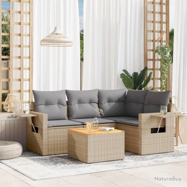Salon de jardin avec coussins 5 pcs beige r�sine tress�e