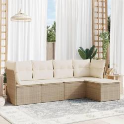 Salon de jardin avec coussins 5 pcs beige r&eacute;sine tress&eacute;e alsavelo
