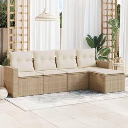 Salon de jardin avec coussins 5 pcs beige r&eacute;sine tress&eacute;e alsavelo