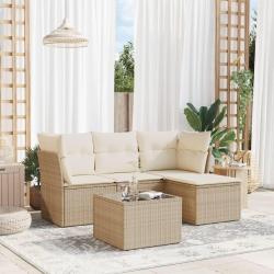 Salon de jardin avec coussins 5 pcs beige r&eacute;sine tress&eacute;e