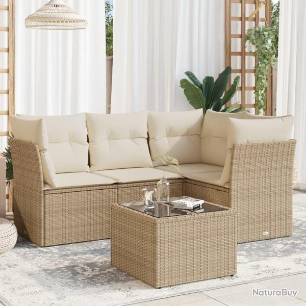 Salon de jardin avec coussins 5 pcs beige r�sine tress�e alsavelo