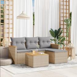 Salon de jardin avec coussins 5 pcs beige r&eacute;sine tress&eacute;e